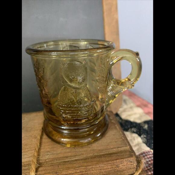 Other - Vintage Mosser Gold Amber Child's Glass Kitten and Puppy Mug Cup  Cat Dog​​
